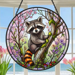 spring blossom climbing raccoon stained glass suncatcher window hanging, suitable for home and garden decoration.