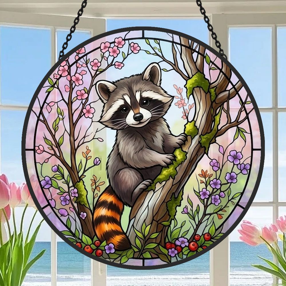 spring blossom climbing raccoon stained glass suncatcher window hanging, suitable for home and garden decoration.