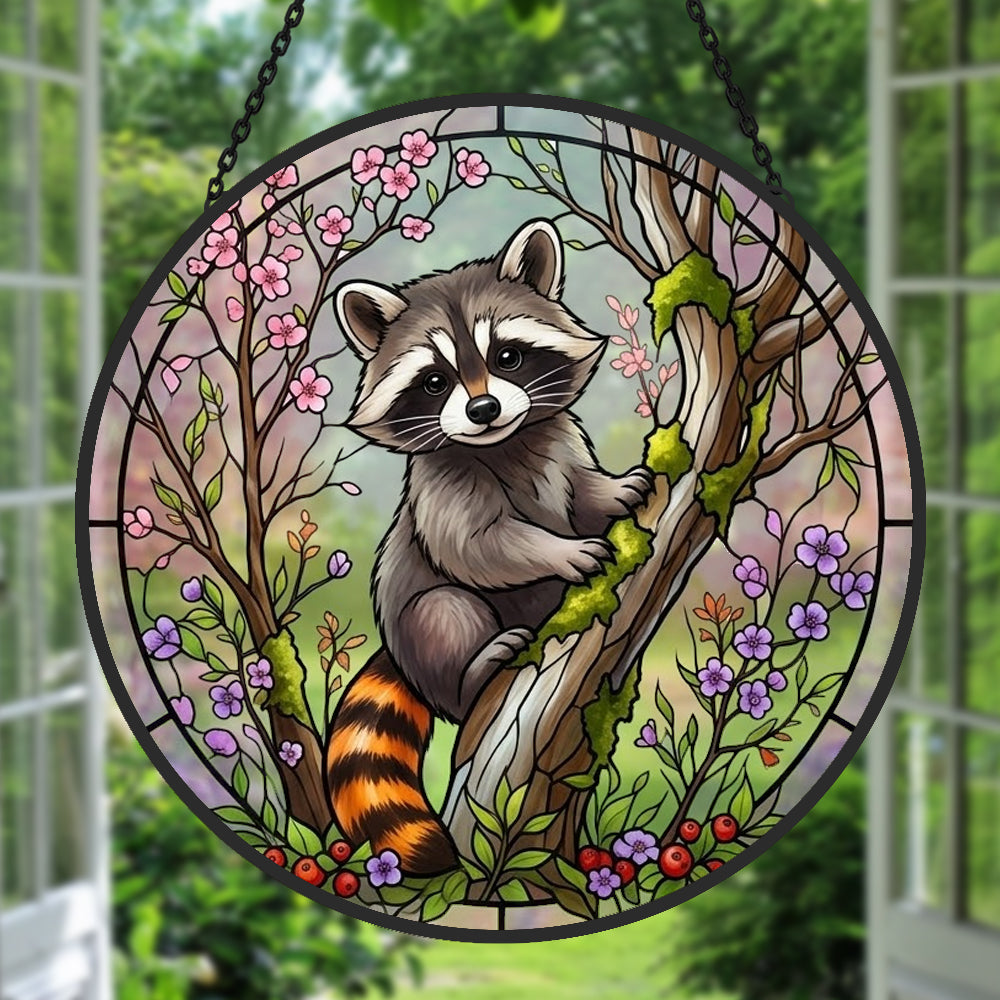 spring blossom climbing raccoon stained glass suncatcher window hanging, suitable for home and garden decoration.