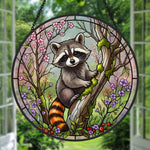 spring blossom climbing raccoon stained glass suncatcher window hanging, suitable for home and garden decoration.