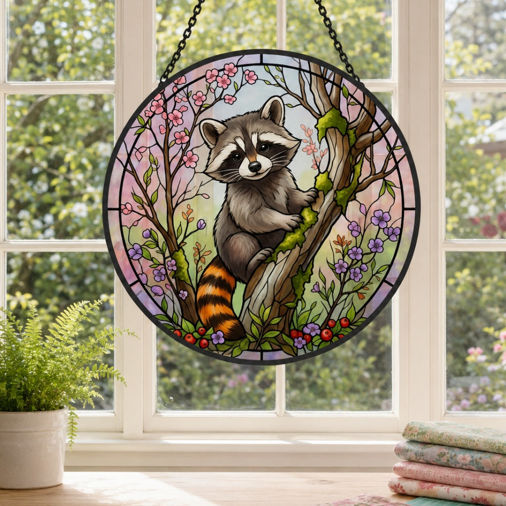 Spring blossom climbing raccoon stained glass suncatcher window hanging, suitable for home and garden decoration