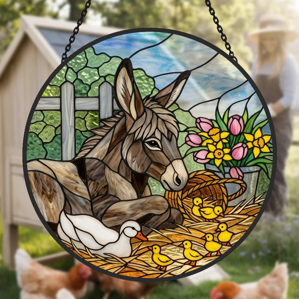 Spring donkey and ducklings stained glass suncatcher window hanging, suitable for home and garden decoration