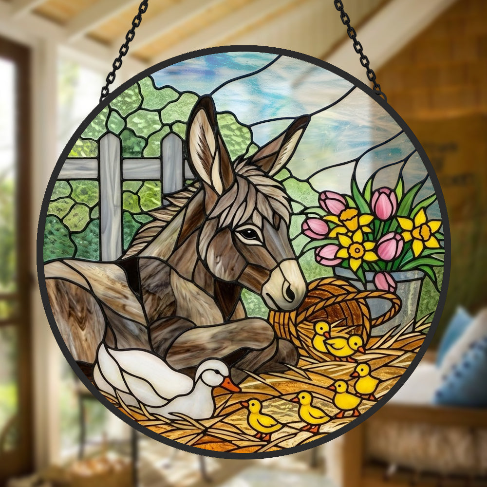 Spring donkey and ducklings stained glass suncatcher window hanging, suitable for home and garden decoration