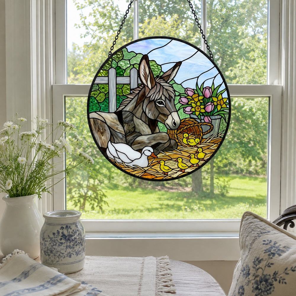 Spring donkey and ducklings stained glass suncatcher window hanging, suitable for home and garden decoration