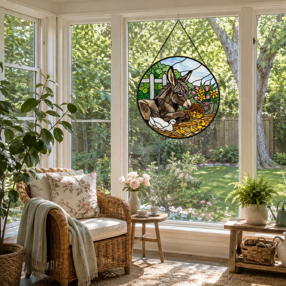 Spring donkey and ducklings stained glass suncatcher window hanging, suitable for home and garden decoration