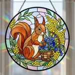 spring floral squirrel stained glass suncatcher window hanging, suitable for home and garden decoration.