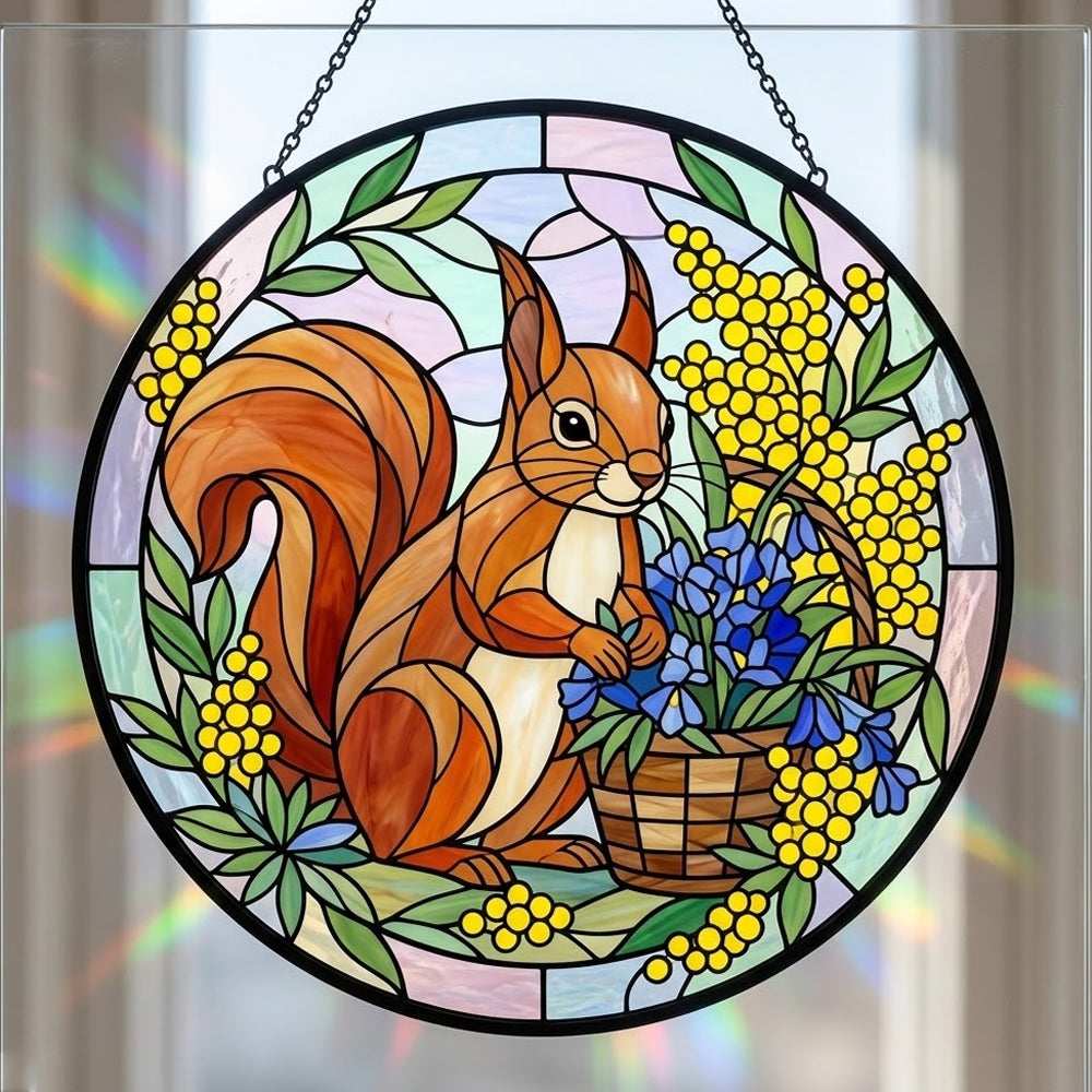 spring floral squirrel stained glass suncatcher window hanging, suitable for home and garden decoration.