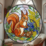 spring floral squirrel stained glass suncatcher window hanging, suitable for home and garden decoration.