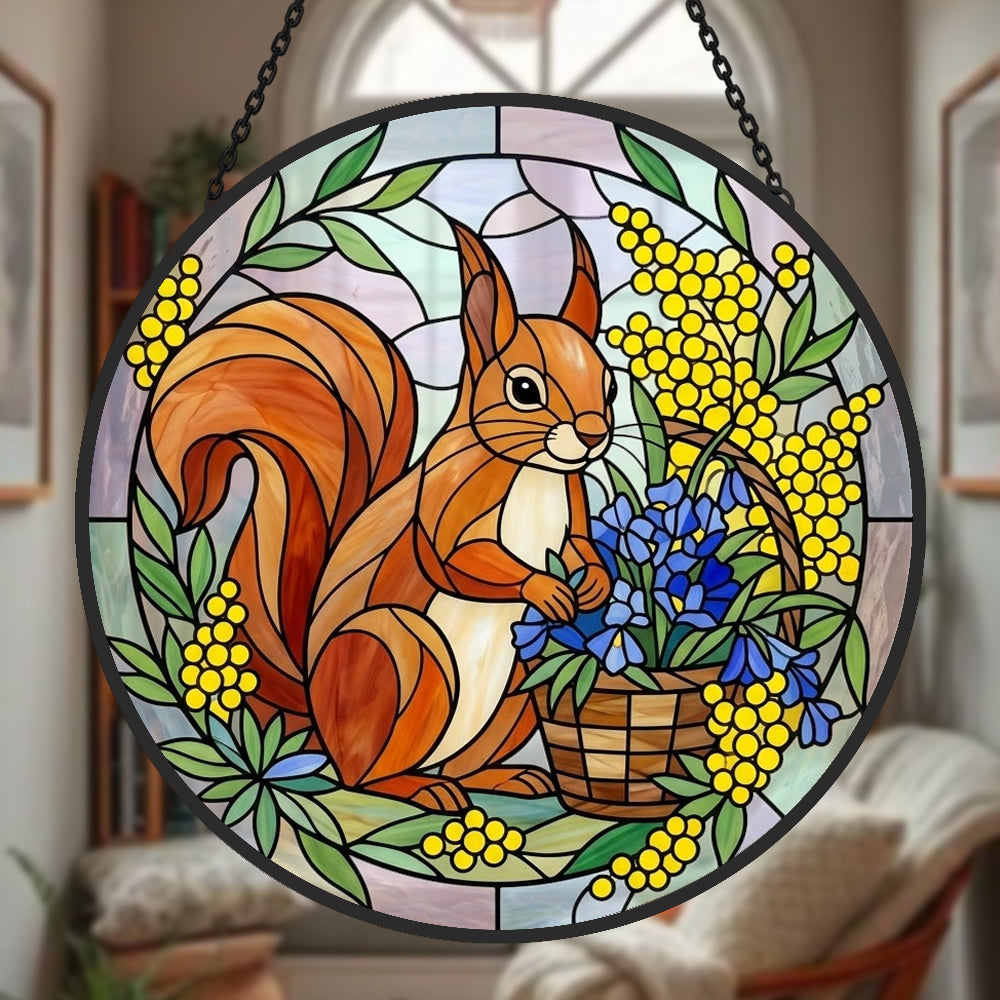 spring floral squirrel stained glass suncatcher window hanging, suitable for home and garden decoration.