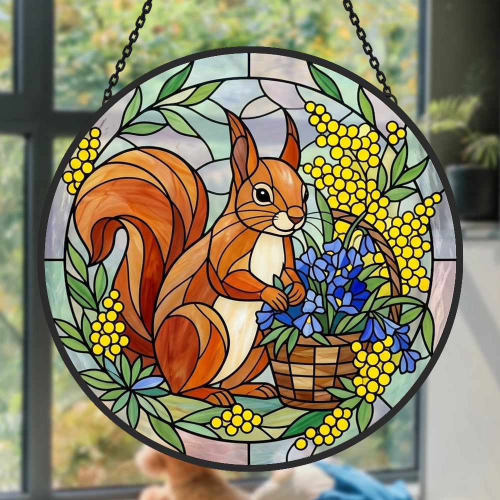 spring floral squirrel stained glass suncatcher window hanging, suitable for home and garden decoration.