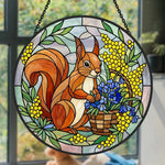 spring floral squirrel stained glass suncatcher window hanging, suitable for home and garden decoration.