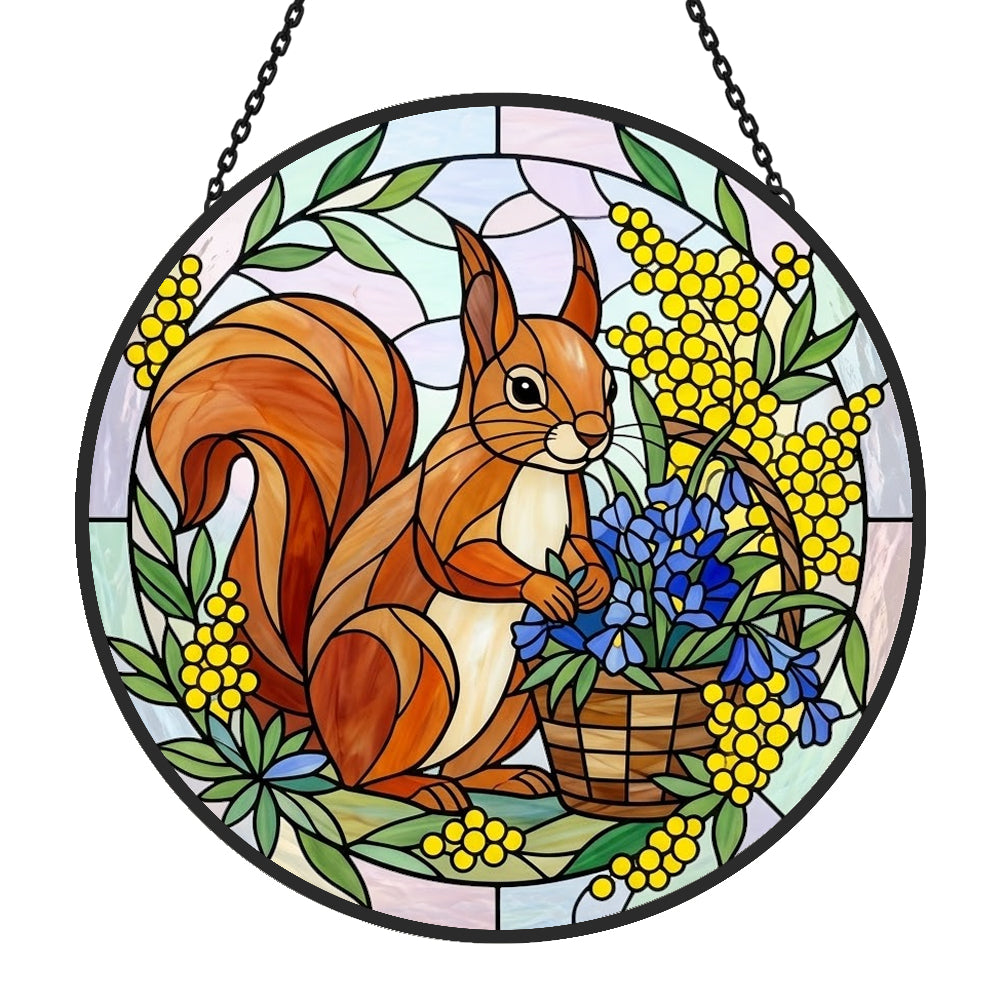 spring floral squirrel stained glass suncatcher window hanging, suitable for home and garden decoration.