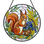 spring floral squirrel stained glass suncatcher window hanging, suitable for home and garden decoration.