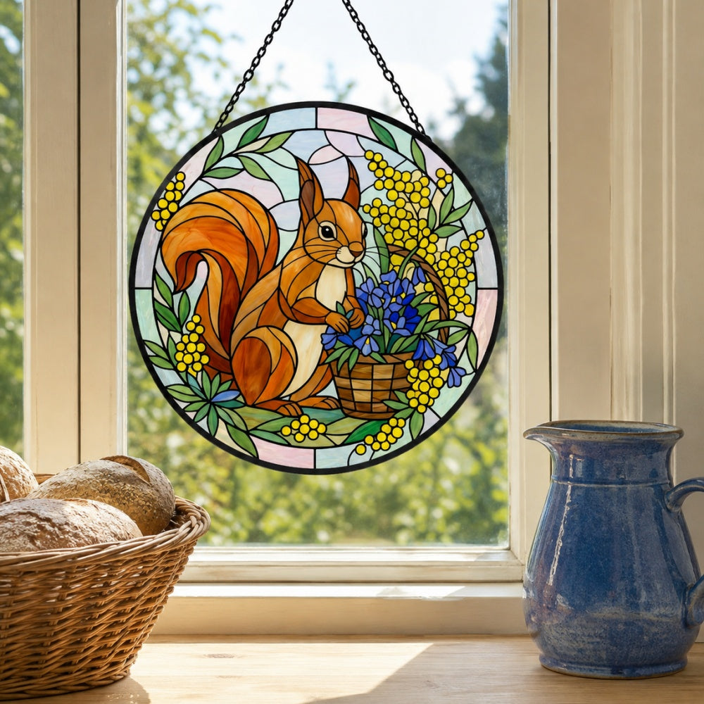 Spring floral squirrel stained glass suncatcher window hanging, suitable for home and garden decoration
