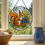 Spring floral squirrel stained glass suncatcher window hanging, suitable for home and garden decoration