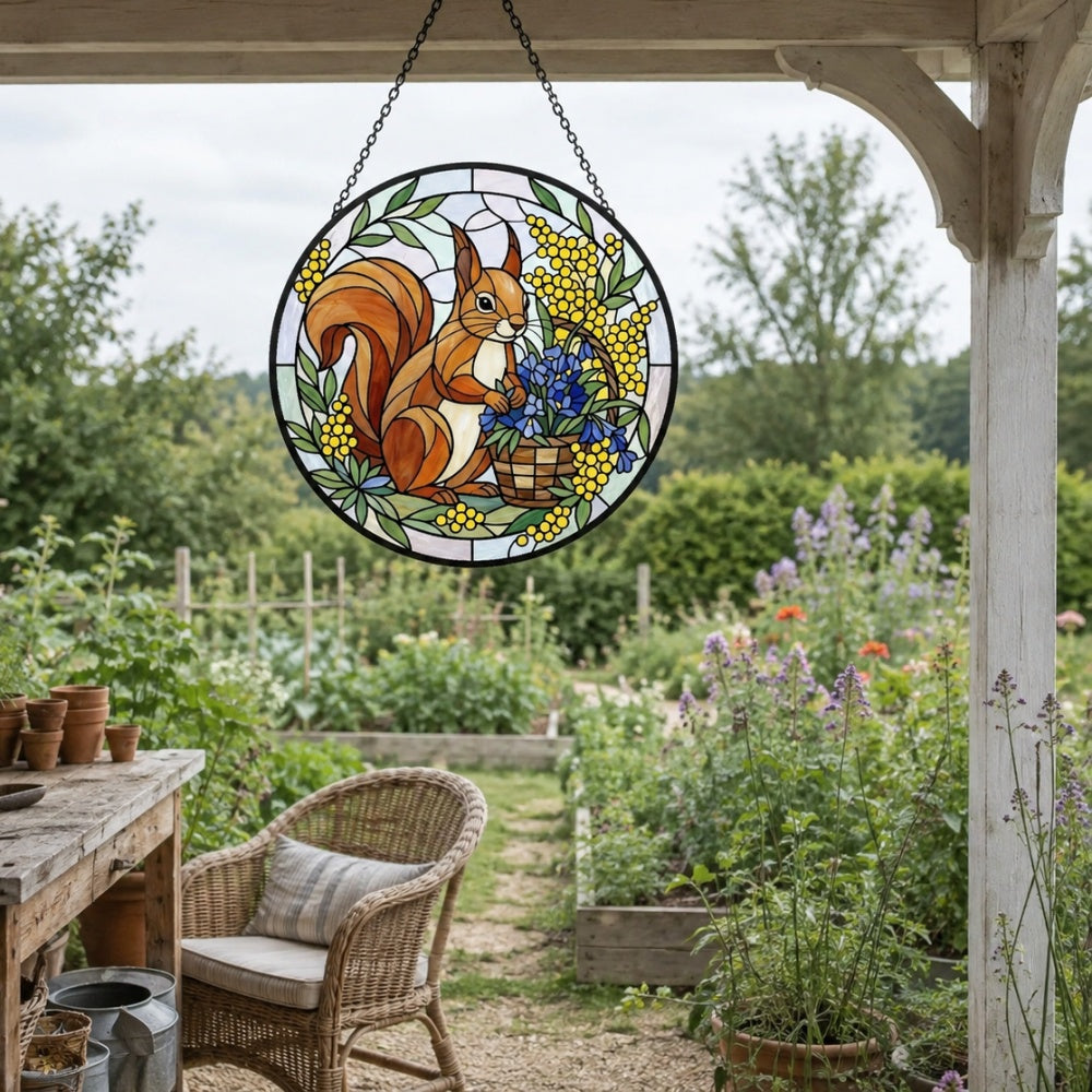 Spring floral squirrel stained glass suncatcher window hanging, suitable for home and garden decoration