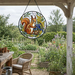 Spring floral squirrel stained glass suncatcher window hanging, suitable for home and garden decoration
