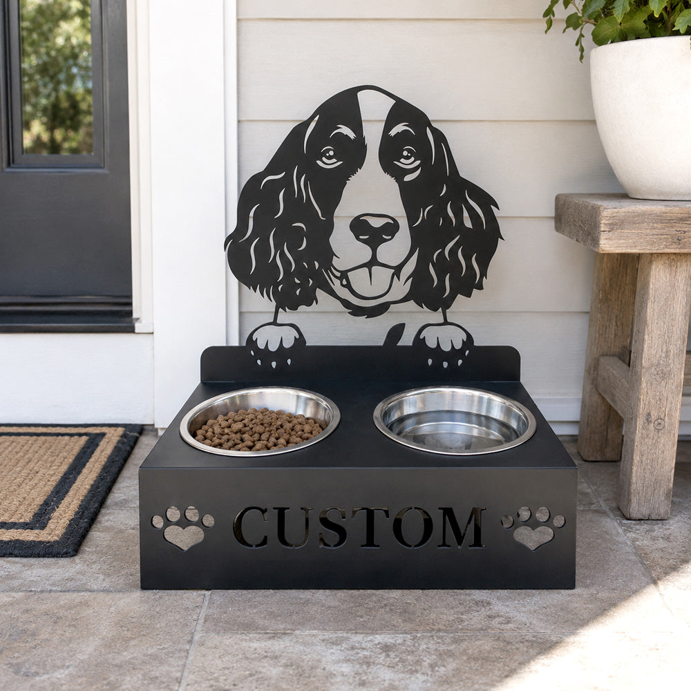 Personalized springer spaniel metal dog bowl stand with custom name cutout and two removable feeding bowls