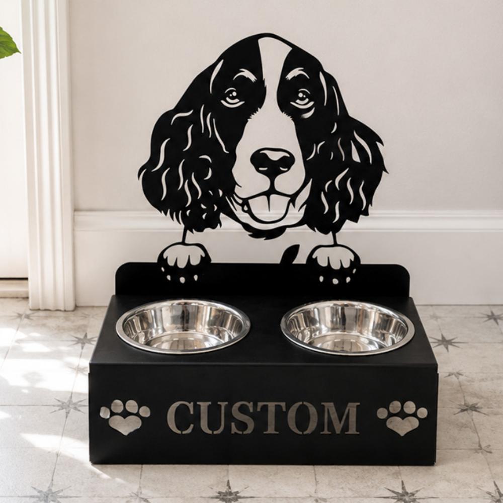 Personalized springer spaniel metal dog bowl stand with custom name cutout and two removable feeding bowls