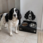 Personalized springer spaniel metal dog bowl stand with custom name cutout and two removable feeding bowls
