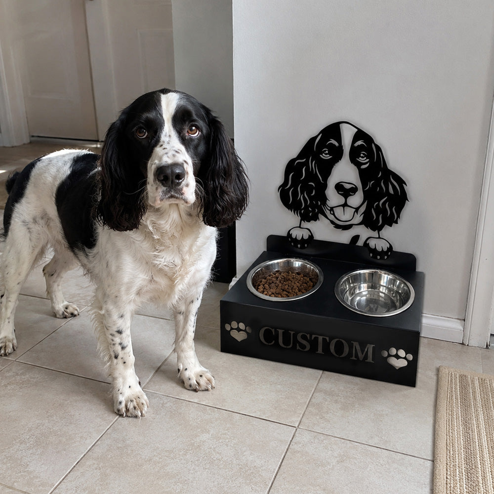 Personalized springer spaniel metal dog bowl stand with custom name cutout and two removable feeding bowls