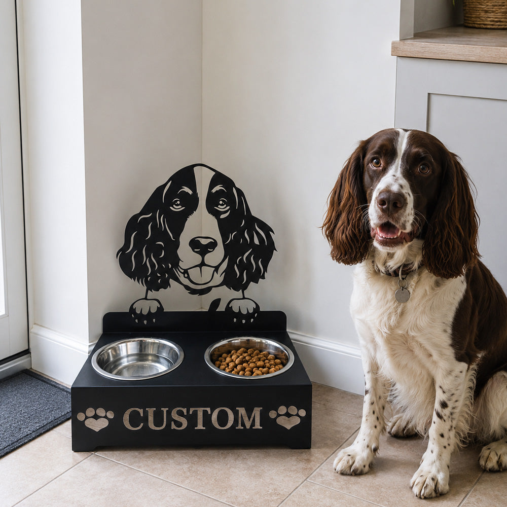 Personalized springer spaniel metal dog bowl stand with custom name cutout and two removable feeding bowls