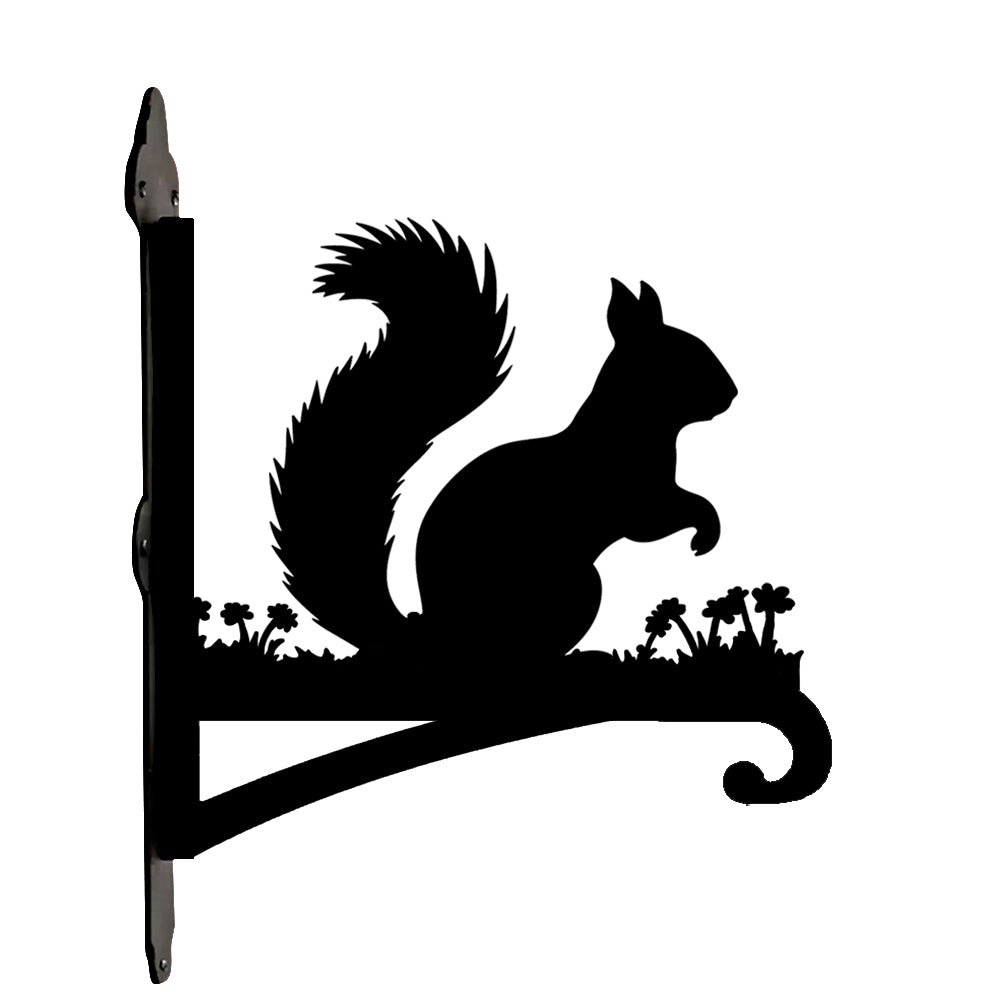 Squirrel metal hanging basket bracket mounted on outdoor wall for plant decoration
