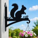 Squirrel metal hanging basket bracket mounted on outdoor wall for plant decoration