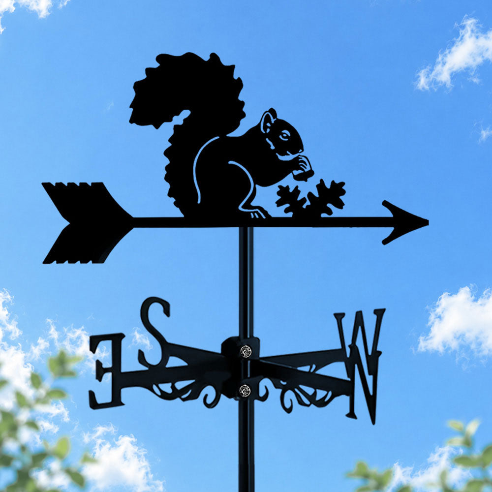 Squirrel metal weather vane with directional arrows and mounting rod, outdoor roof and garden decoration