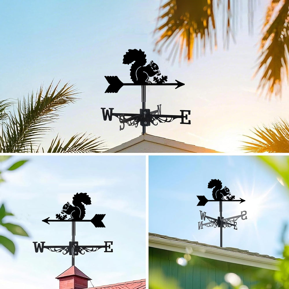 Squirrel metal weather vane with directional arrows and mounting rod, outdoor roof and garden decoration