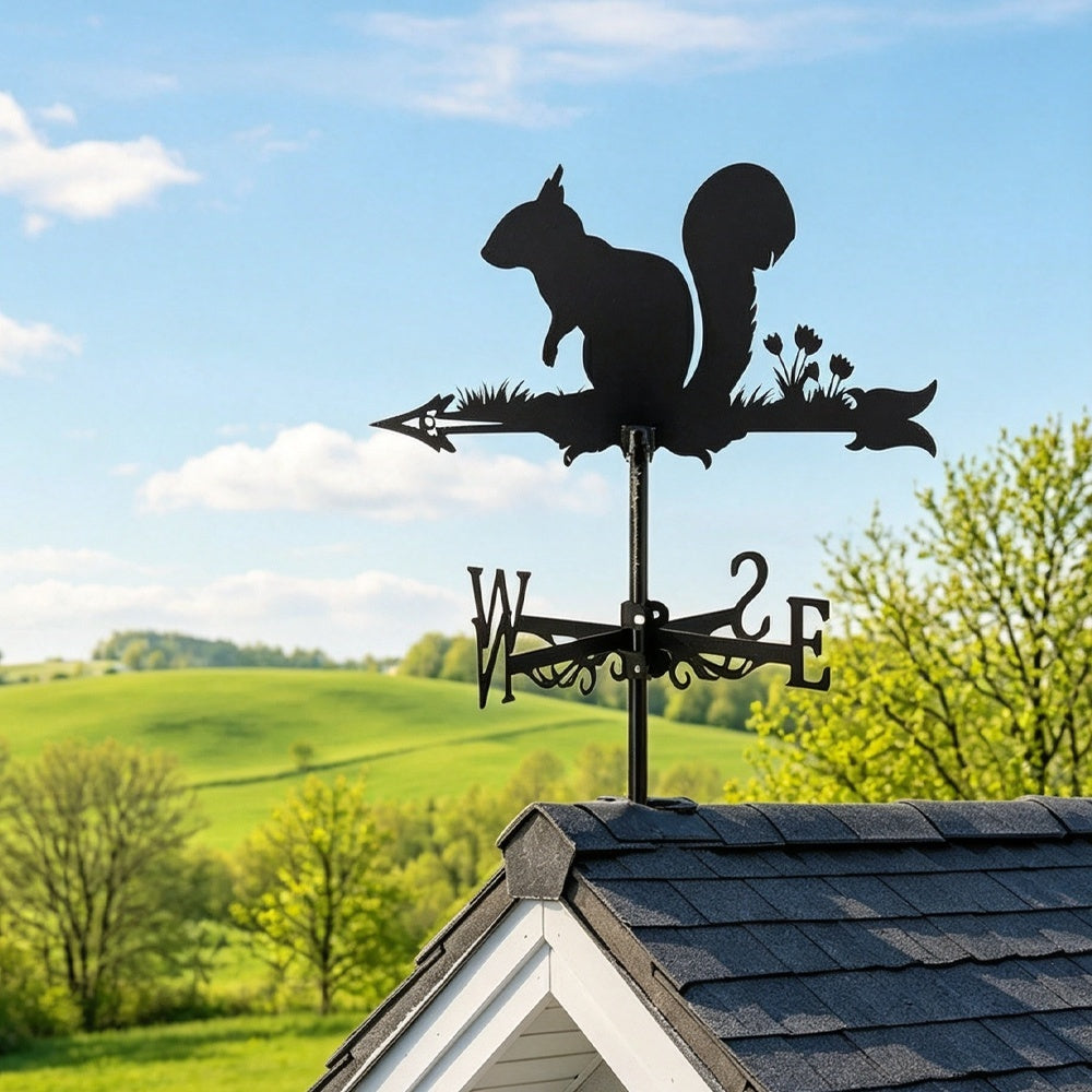 Squirrel metal weather vane with directional arrows and mounting rod, outdoor roof and garden decoration