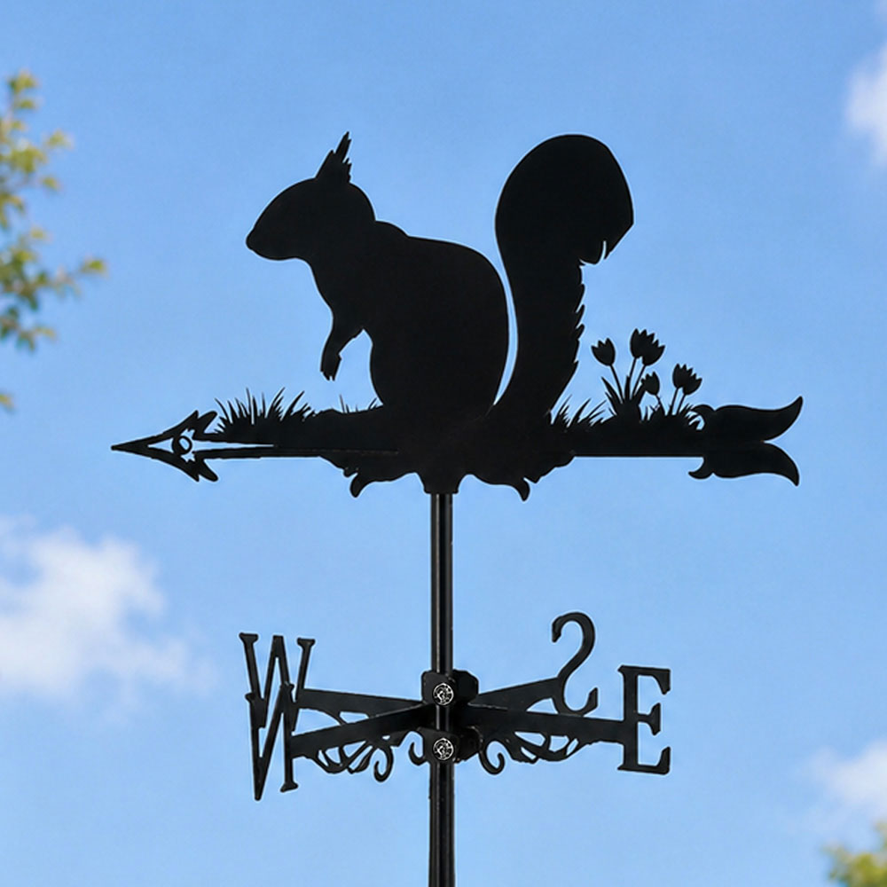 Squirrel metal weather vane with directional arrows and mounting rod, outdoor roof and garden decoration