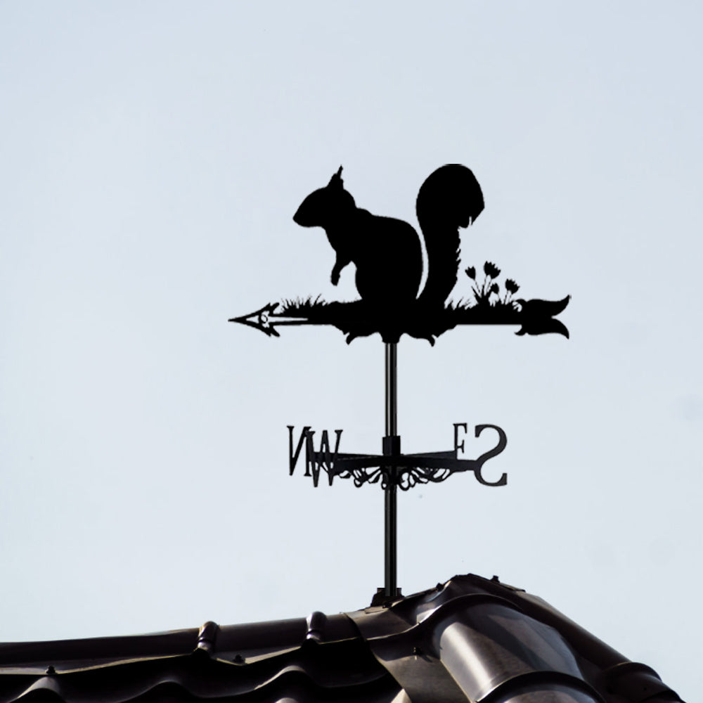 Squirrel metal weather vane with directional arrows and mounting rod, outdoor roof and garden decoration