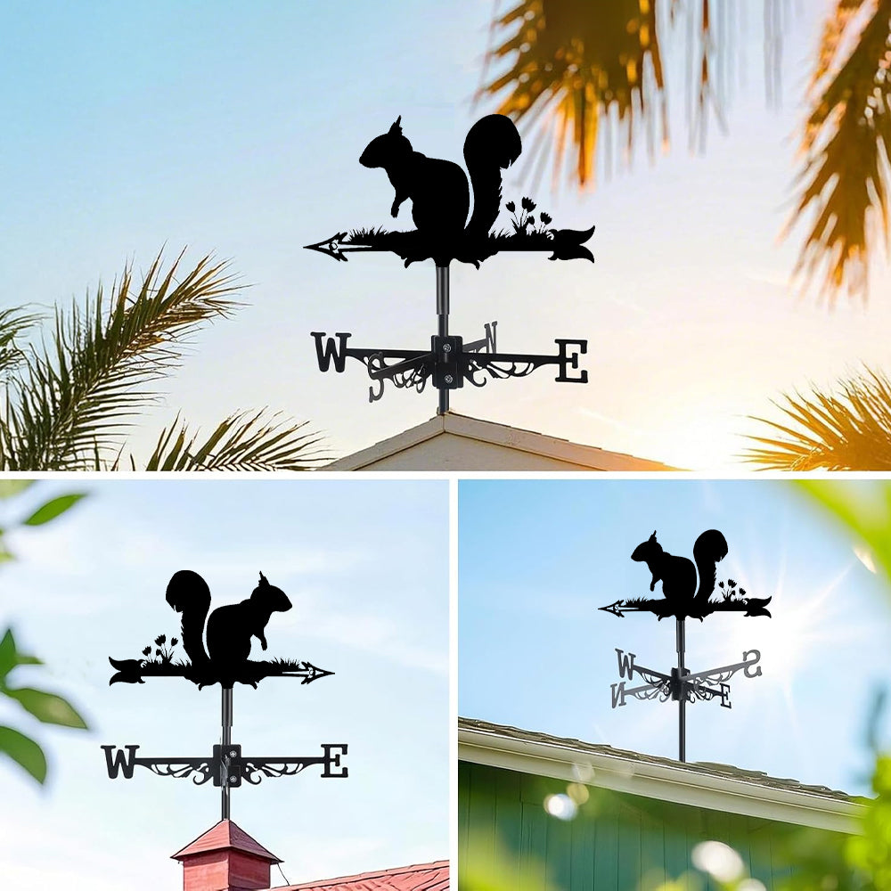 Squirrel metal weather vane with directional arrows and mounting rod, outdoor roof and garden decoration