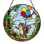 squirrel with colorful balloons stained glass suncatcher window hanging, suitable for home and garden decoration.