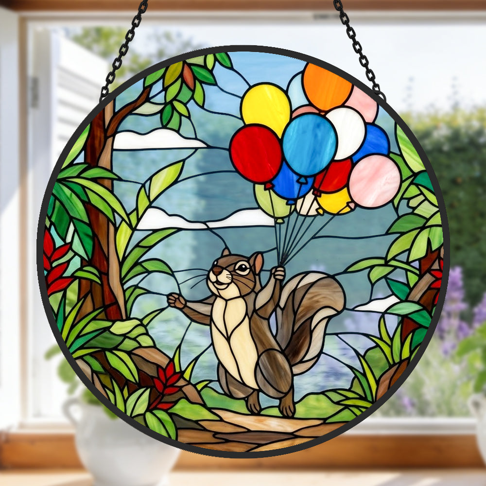 squirrel with colorful balloons stained glass suncatcher window hanging, suitable for home and garden decoration.