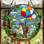 squirrel with colorful balloons stained glass suncatcher window hanging, suitable for home and garden decoration.