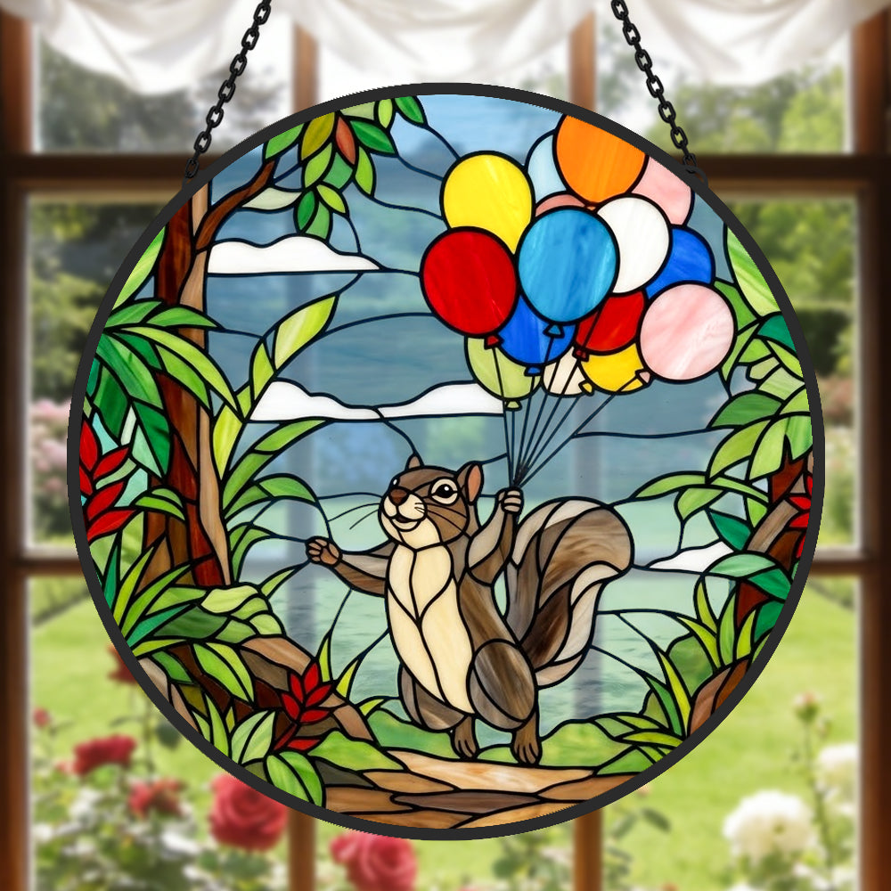 squirrel with colorful balloons stained glass suncatcher window hanging, suitable for home and garden decoration.