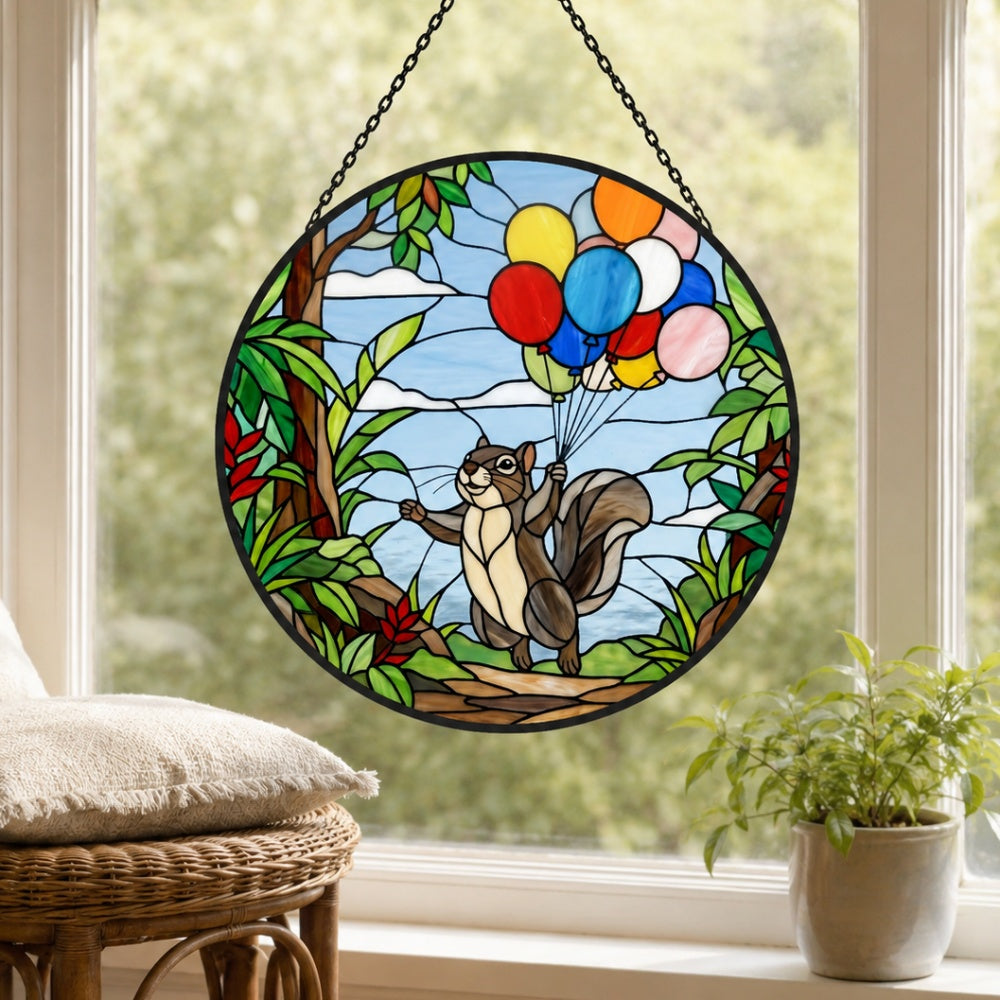 Squirrel with colorful balloons stained glass suncatcher window hanging, suitable for home and garden decoration
