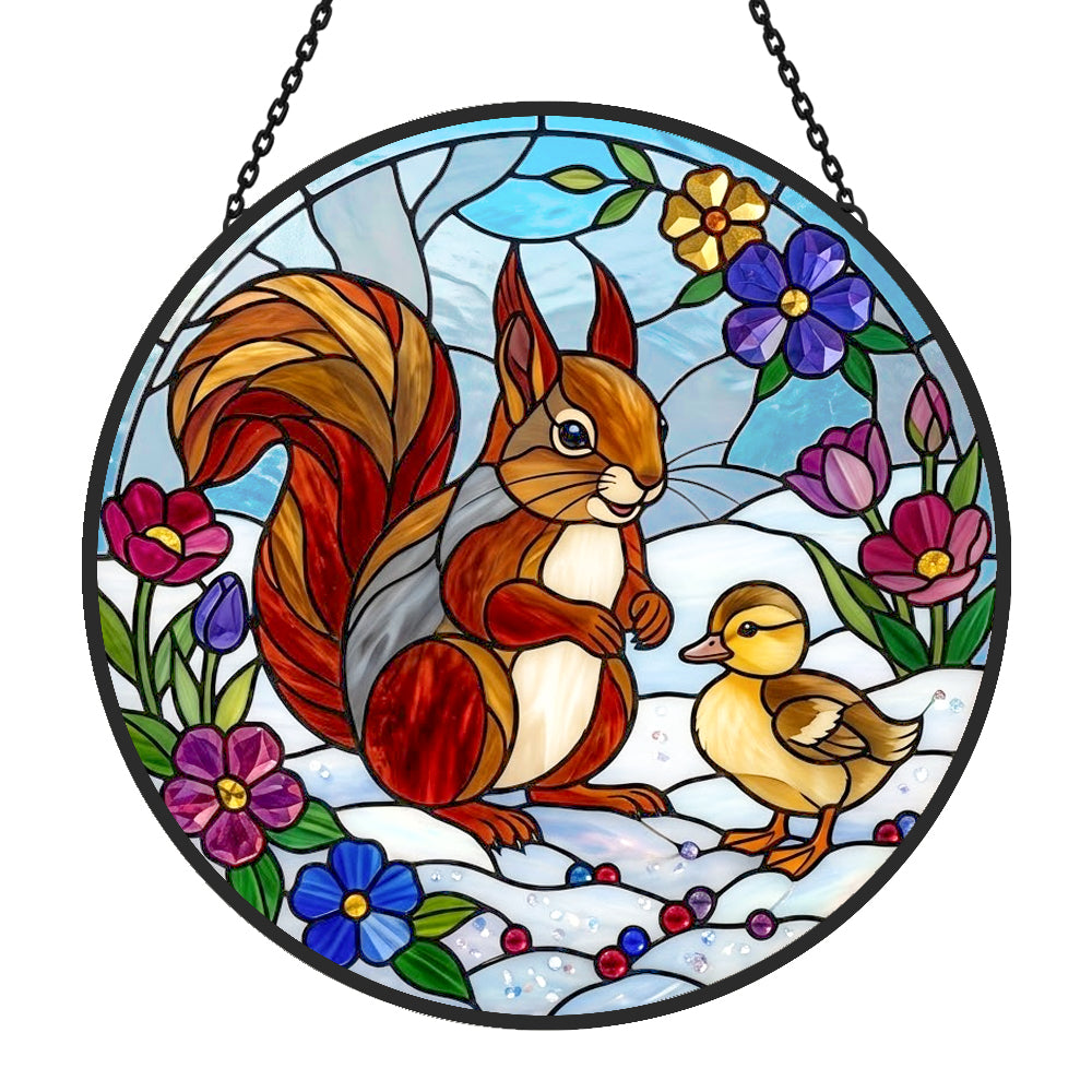 squirrel with cute duckling stained glass suncatcher window hanging, suitable for home and garden decoration.