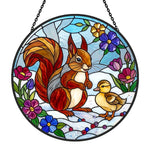 squirrel with cute duckling stained glass suncatcher window hanging, suitable for home and garden decoration.