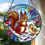 squirrel with cute duckling stained glass suncatcher window hanging, suitable for home and garden decoration.