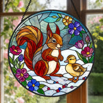 squirrel with cute duckling stained glass suncatcher window hanging, suitable for home and garden decoration.