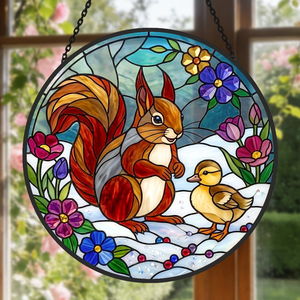 squirrel with cute duckling stained glass suncatcher window hanging, suitable for home and garden decoration.