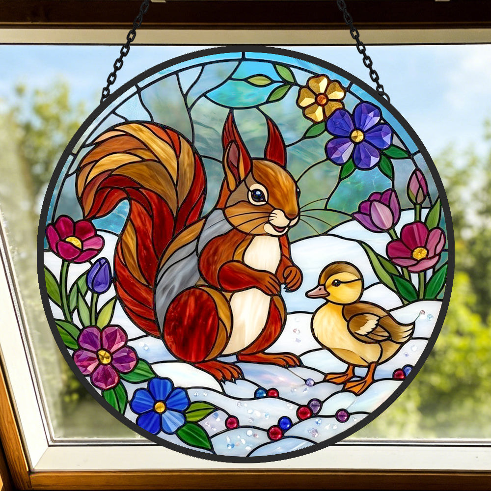 squirrel with cute duckling stained glass suncatcher window hanging, suitable for home and garden decoration.
