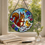 Squirrel with cute duckling stained glass suncatcher window hanging, suitable for home and garden decoration