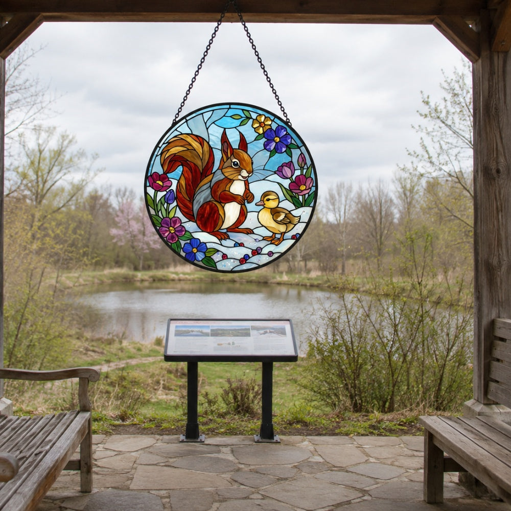 Squirrel with cute duckling stained glass suncatcher window hanging, suitable for home and garden decoration