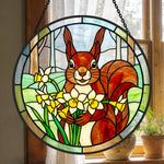 squirrel with daffodils stained glass suncatcher window hanging, suitable for home and garden decoration.