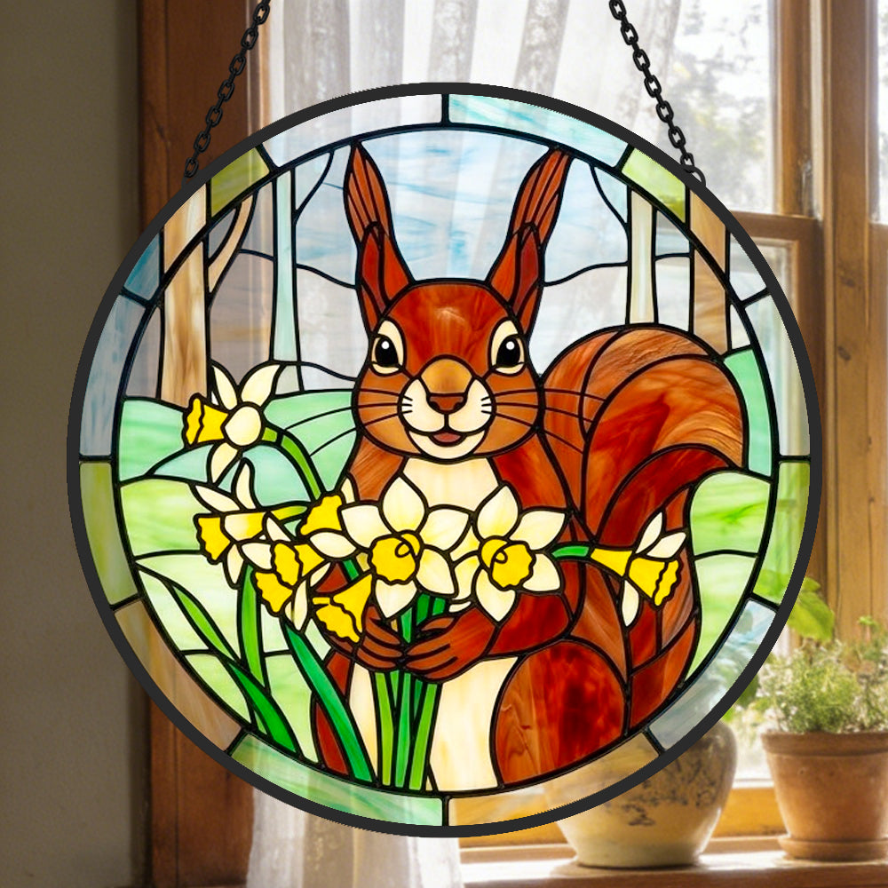 squirrel with daffodils stained glass suncatcher window hanging, suitable for home and garden decoration.