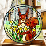 squirrel with daffodils stained glass suncatcher window hanging, suitable for home and garden decoration.